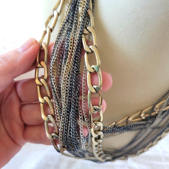 Tri-Color Gold/Silver Tone Chunky Multi-Chain Layered Statement Necklace - Picture 4 of 8